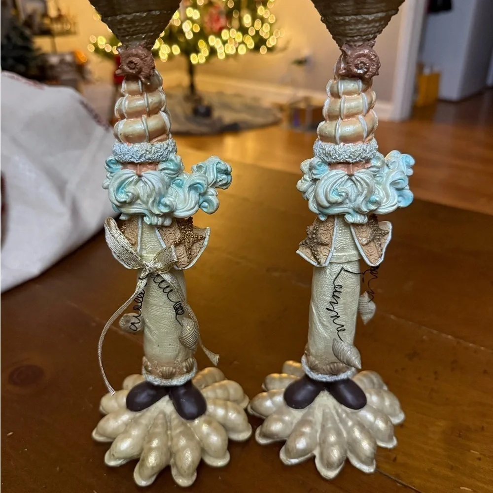 Santa at the beach candlesticks, blue and cream. Preowned